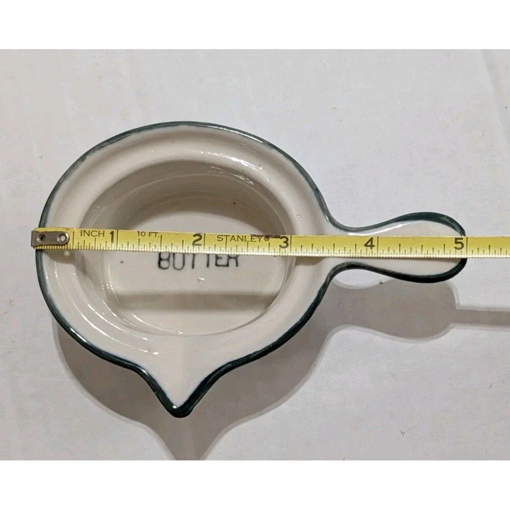 Ceramic Butter Melting Pot Dipping Dish With Spout & Handle White Black Rim